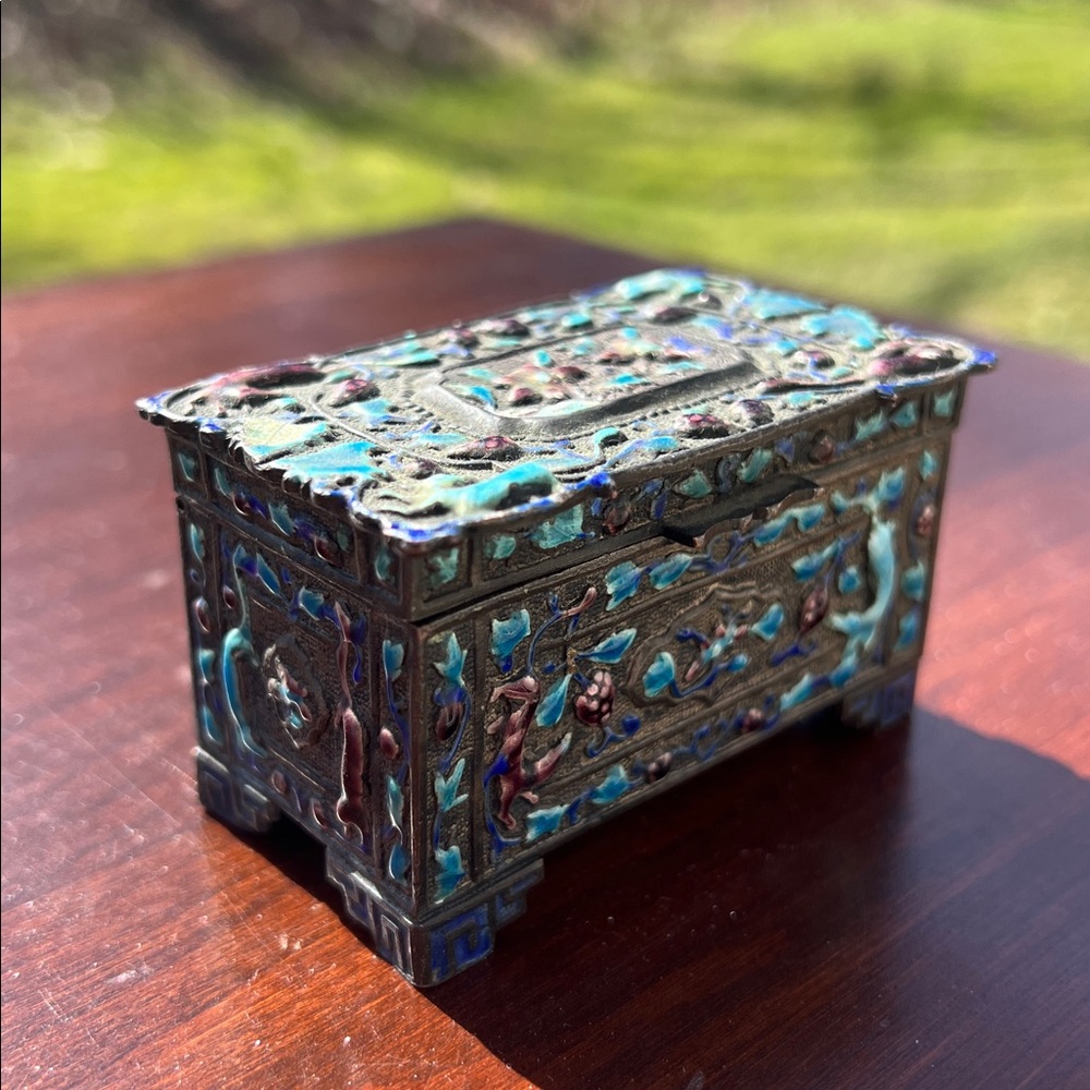 Antique Chinese Silver Plated Blue Purple Enamel Stamp Box Trinket Box - Picture 3 of 17